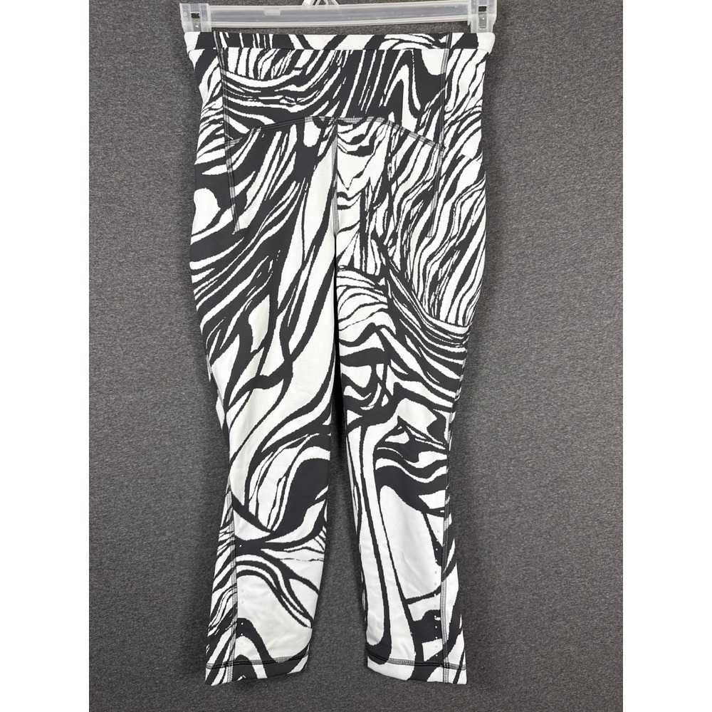 Lululemon High Rise Crop Leggings Black White Abstract Swirl Print Pockets Sz 4